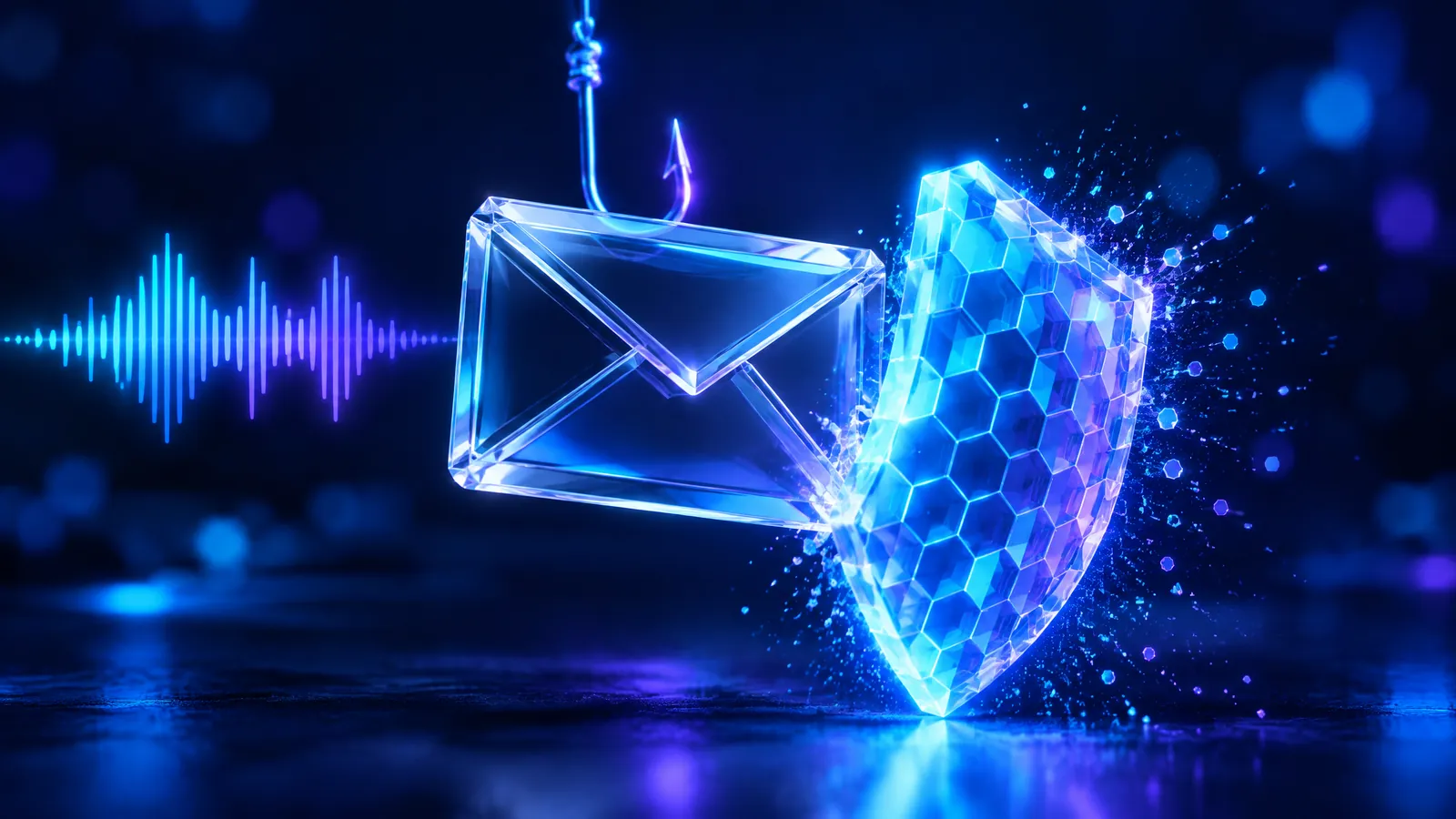 A glass email envelope caught on a fishing hook beside a voice waveform, blocked by a glowing hexagonal shield