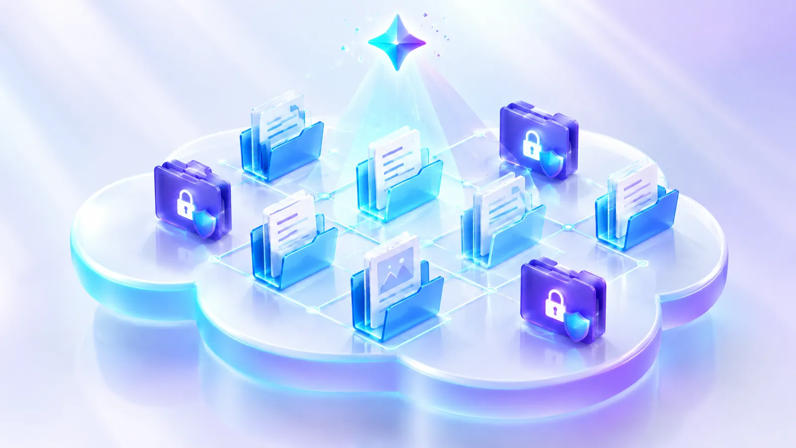 Cloud documents and folders above a glowing platform, with sensitive folders locked while an AI assistant scans the rest