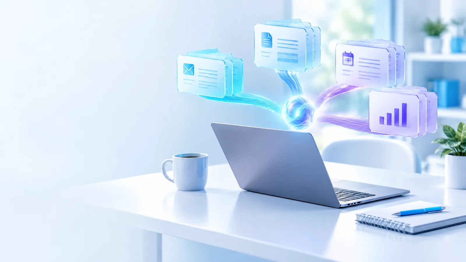 A laptop on an office desk with glowing panels for emails, invoices and charts being sorted by an AI spark